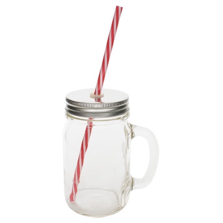 Sunshine Mason Co. Glass Mason Jar Drinking Mug set with handle, Silver lids and Red Stripe Straws, Set of 6