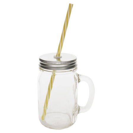 Sunshine Mason Co. Glass Mason Jar Drinking Mug set with handle, Silver lids and Yellow Stripe Straws, Set of 6