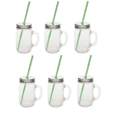 Sunshine Mason Co. Glass Mason Jar Drinking Mug set with handle, Silver lids and Green Stripe Straws, Set of 6
