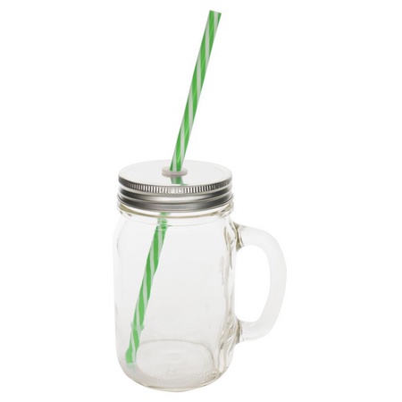 Sunshine Mason Co. Glass Mason Jar Drinking Mug set with handle, Silver lids and Green Stripe Straws, Set of 6