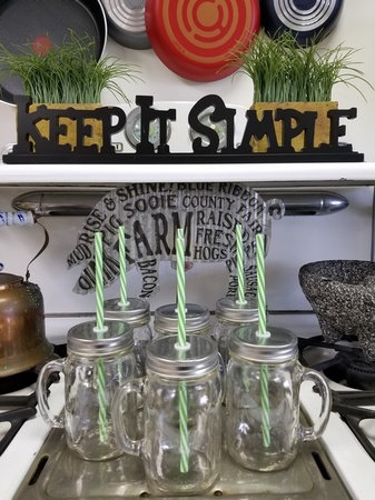 Sunshine Mason Co. Glass Mason Jar Drinking Mug set with handle, Silver lids and Green Stripe Straws, Set of 6