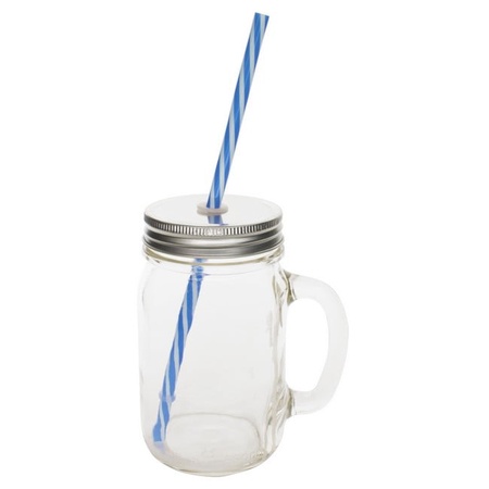 Sunshine Mason Co. Glass Mason Jar Drinking Mug set with handle, Silver lids and  Blue Stripe Straws, Set of 6