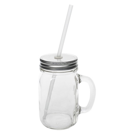 Sunshine Mason Co. Glass Mason Jar Drinking Mug set with handle, Silver lids and  Clear Straws, Set of 6