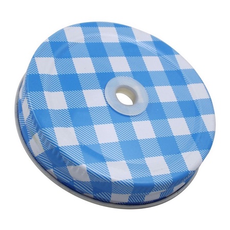 Sunshine Mason Co. Glass Mason Jar set with Blue Gingham lids and White Straws, Set of 6