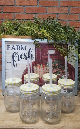 Sunshine Mason Co. Glass Mason Jar set with Yellow Gingham lids and Clear Straws, Set of 6