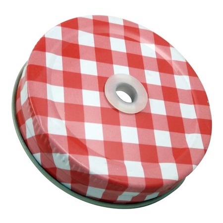 Sunshine Mason Co. Glass Mason Jar set with Red Gingham lids and Clear Straws, Set of 6