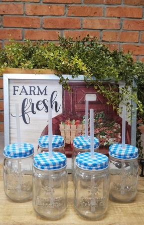 Sunshine Mason Co. Glass Mason Jar set with Blue Gingham lids and Clear Straws, Set of 6