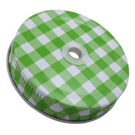 Sunshine Mason Co. Green Gingham Mason Jar Lids with White Straws 6 Pieces