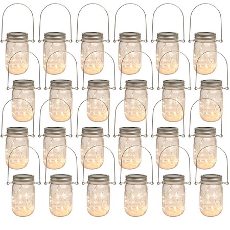 Sunshine Mason Co. Mason Jars with Solar Fairy Firefly String Lights and Hanger Handles Set of 24