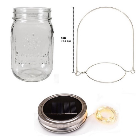 Sunshine Mason Co. Mason Jars with Solar Fairy Firefly String Lights and Hanger Handles Set of 24