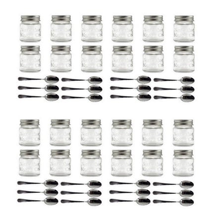 Sunshine Mason Co. Mini Mason Jar Shot Glasses with Metal Lid 2 oz and Dessert Spoons