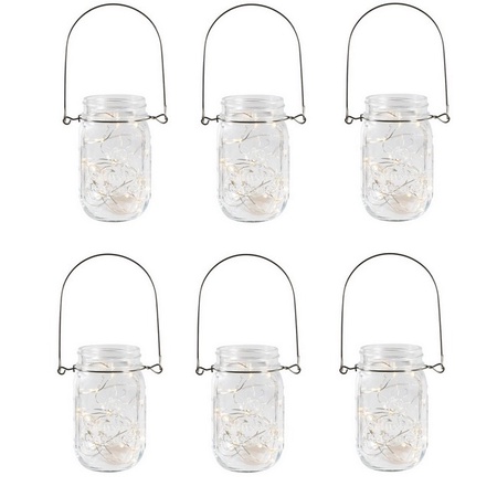 Sunshine Mason Co. Pint Glass Mason Jars with Hangers and LED Fairy Lights Set of 6