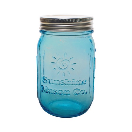 Sunshine Mason Co. Pint Regular Mouth Glass Mason Jars Vintage Blue Color with Silver Lids 6 Pack