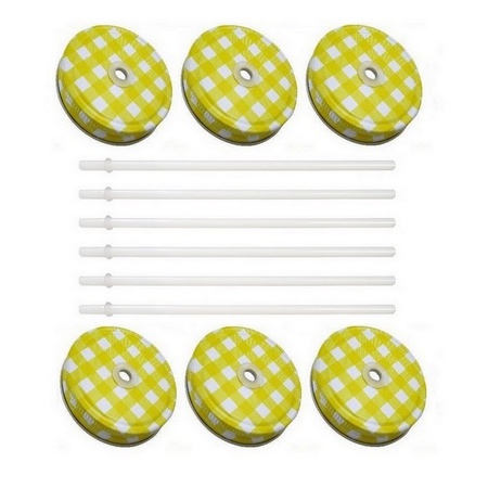 Sunshine Mason Co. Yellow Gingham Mason Jar Lids with White Straws, 6 Pieces