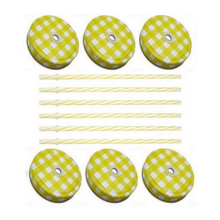 Sunshine Mason Co. Yellow Gingham Mason Jar Lids with Yellow stripe Straws, 6 Pieces