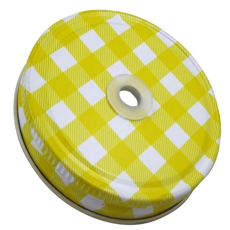 Sunshine Mason Co. Yellow Gingham Mason Jar Lids with Yellow stripe Straws, 6 Pieces