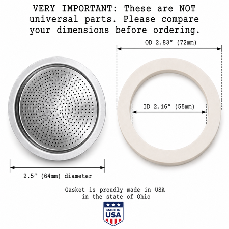 Univen 2.5" (64mm) Espresso Filter and Gasket Seals Compatible with Bialetti 6 Cup Aluminum Espresso Makers