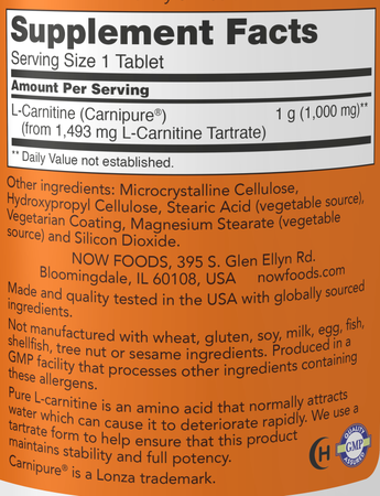 Now Foods L-Carnitine 1000 Mg (Carnipure L-Carnitine Tartrate) - 100 Tablets