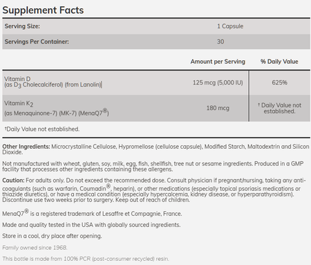 Now Foods Vitamin D+MK-7 Mega D-3 (5000iu) & MK-7 (180mcg) - 30 Capsules