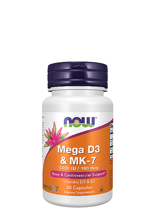 Now Foods Vitamin D+MK-7 Mega D-3 (5000iu) & MK-7 (180mcg) - 30 Capsules