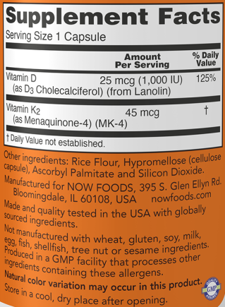 Now Foods Vitamin D + K2 (1000iu Vitamin D3 + 45mcg Vitamin K2) - 240 Capsules