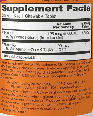 Now Foods Vitamin D + K2 (5000iu Vitamin D3 + 90mcg Vitamin K2) - 90 Chewable Tablets