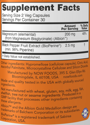 Now Foods Magnesium Glycinate with BioPerine  - 180 Capsules