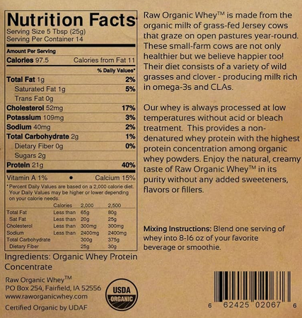 Raw Organic Grass Fed Whey Protein  Unflavored - 12 oz (14 Servings)