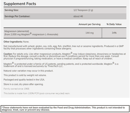 Now Foods Magtein Magnesium L-Threonate Powder - 46 Servings (3.2 oz)