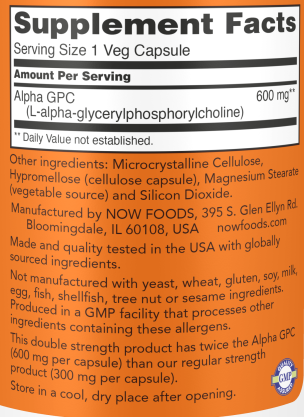 Now Alpha GPC 600 Mg (Double Strength 600 mg) - 60 Veg Capsules