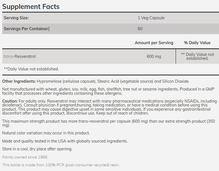 Now Foods Resveratrol 600 mg - 60 Veg Capsules