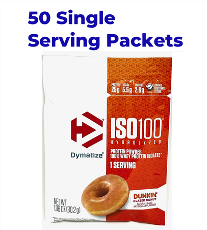 -Dymatize ISO 100 Whey Protein Isolate Dunkin Glazed Donut - 50 Single Serving Packets