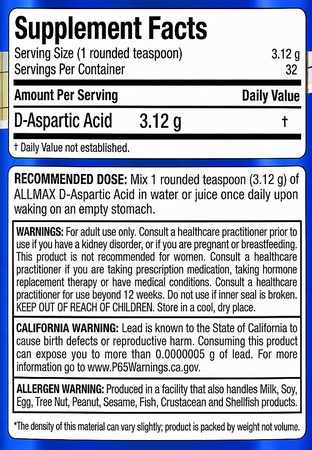 Allmax D-Aspartic Acid Powder  Unflavored - 100 Grams