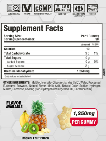 AllMax Nutrition Creatine Gummies (1.25g Creatine Per Gummy)  Tropical Fruit Punch - 180 Gummies (2 x 90 Ct Bottles) TWINPACK
