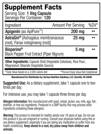 SNS Serious Nutrition Solutions Apigenin XT 200 Mg - 240 Capsules (2 x 120 Capsule Bottles)  TWINPACK