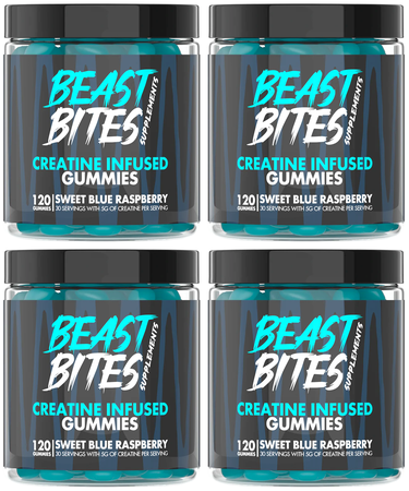 Beast Bites Creatine Infused Gummies  Sweet Blue Raspberry- 120 Servings (4 x 30 Serv.)  4 PACK