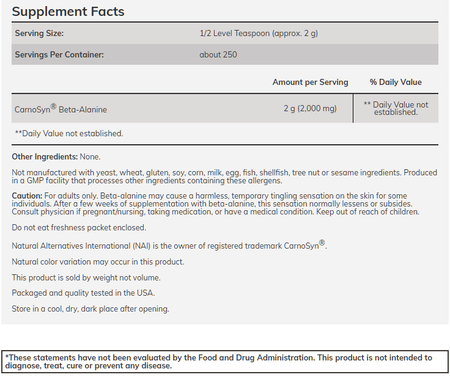 Now Foods Beta Alanine Powder - 1000 Grams (2 x 500 Gram Btls)  TWINPACK
