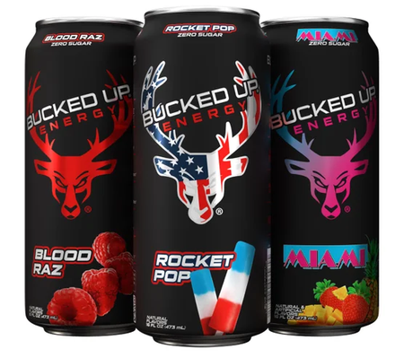 Bucked Up Energy Drink, Variety Pack 16 fl oz - 12 Cans (4 Blood Raz, 4 Rocket Pop & 4 Miami)