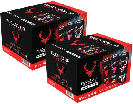 Bucked Up Energy Drink, Variety Pack 16 fl oz - 24 Cans (2 x 12 Cans) (8 Blood Raz, 8 Rocket Pop & 8 Miami)