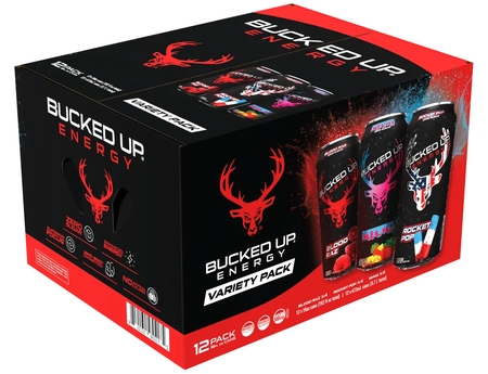Bucked Up Energy Drink, Variety Pack 16 fl oz - 12 Cans (4 Blood Raz, 4 Rocket Pop & 4 Miami)