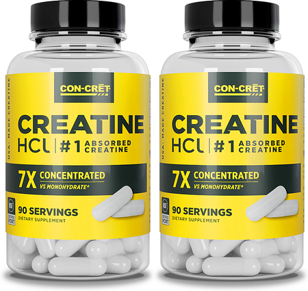 CON-CRET Creatine HCl Capsule Bottles - 180 Capsules (2 x 90 Capsule Bottles) *New Larger Size TWINPACK