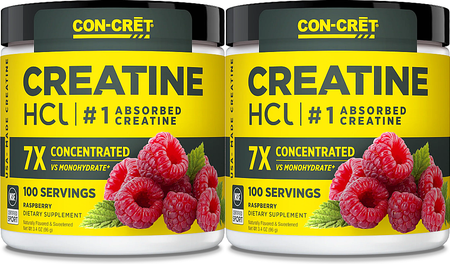CON-CRET Creatine HCl Powder Raw Raspberry - 200 Servings (2 x 100 Serving Btls)  *New Larger Size TWINPACK