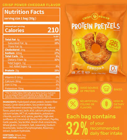 Crisp Power Protein Pretzels  Cheddar - 6 Bags