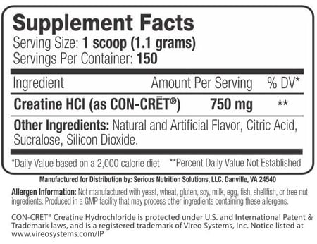 SNS Serious Nutrition Solutions Creatine HCI Powder (Powered by CON-CRET) Blue Raspberry Popsicle - 300 Servings (2 x 150 Serving Bottles) TWINPACK