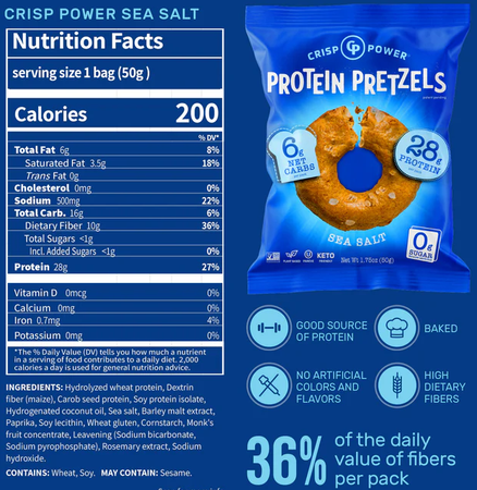 Crisp Power Protein Pretzels  Sea Salt - 6 Bags