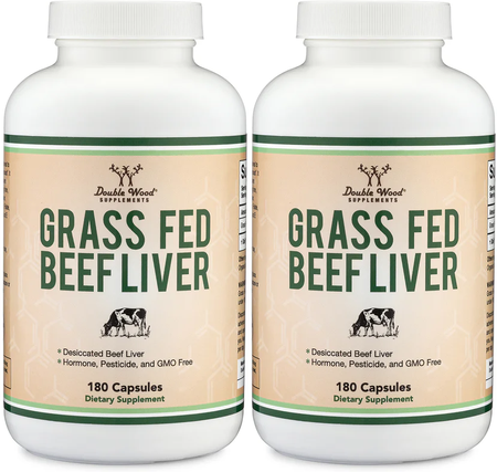 Double Wood Supplements Liver Capsules  Grass Fed Beef Liver - 2 x 180 Capsule Bottles TWINPACK