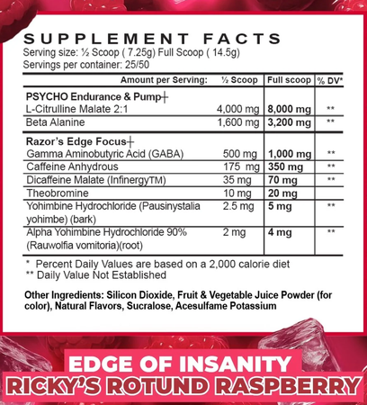 Psycho Pharma Edge of Insanity Pre Workout Ricky's Rotund Raspberry - 25 Servings