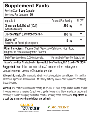 SNS Serious Nutrition Solutions GlucoVantage XT (Dihydroberberine 100 mg) - 270 Capsules (3 x 90 Capsule Bottles)  TWINPACK