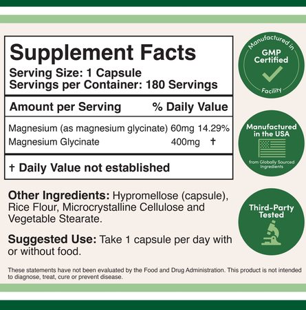 Double Wood Supplements Magnesium Glycinate 400 Mg - 3 x 180 Capsule Bottles  3 PACK
