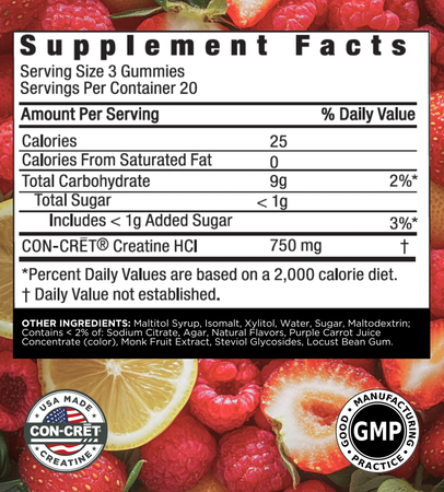 CON-CRET Creatine HCl Gummies  Berry Zing  - 60 Gummies